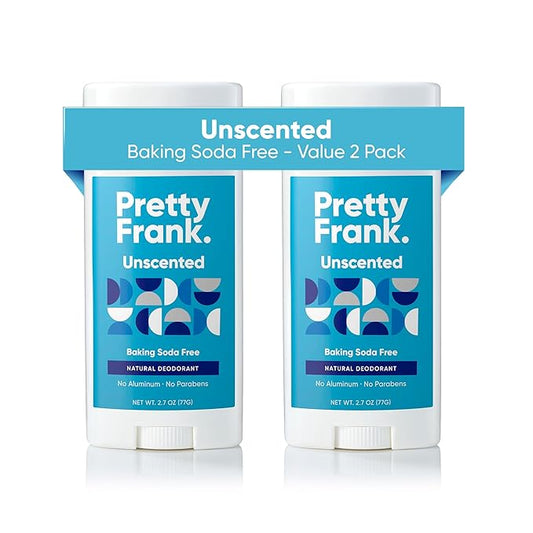 Pretty Frank Natural Aluminum-Free Deodorant Stick, Baking Soda-Free, Unscented (2-Pack) | Sensitive Skin Friendly, Effective Odor Control for Women & Men, Organic Ingredients, No Added Fragrance