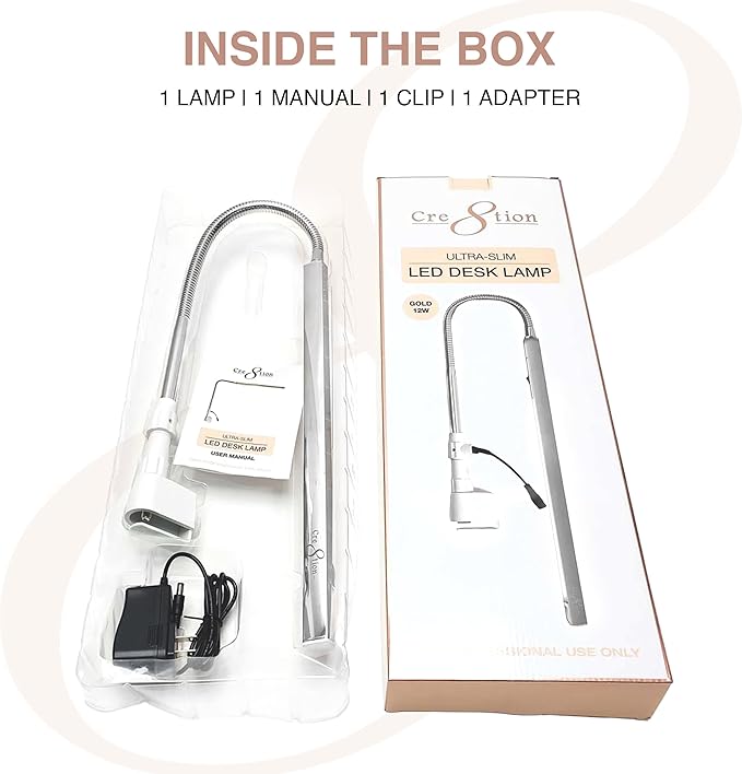 Cre8tion Ultra‑Slim LED Desk Lamp, Champagne Gold, 12 W Sleek Task Light for Nail Salons, Lash Techs, Home Offices (Silver)