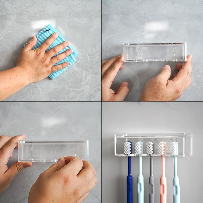 5 Slots Wall Mount Toothbrush Holder with Cover, Self Adhesive Toothbrush Storage Organizer for Shower, Toothbrush Hanger for Bathroom, Medicine Cabinet, Dorm (Clear)
