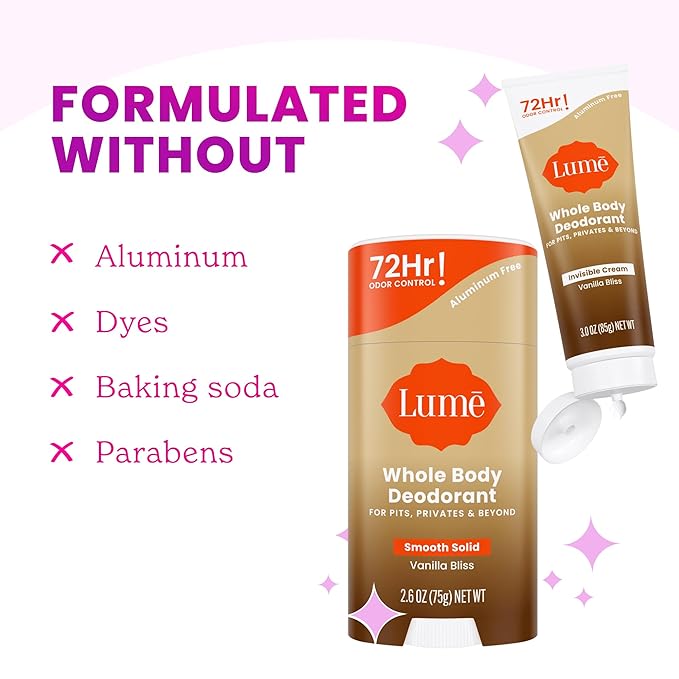 Lume Whole Body Deodorant - Invisible Cream Mini + Solid Stick Bundle - 72 Hour Odor Control - Aluminum & Baking Soda Free, Skin Loving - 0.5 Oz Mini Tube + 2.6 Oz Solid Stick (Vanilla Bliss)