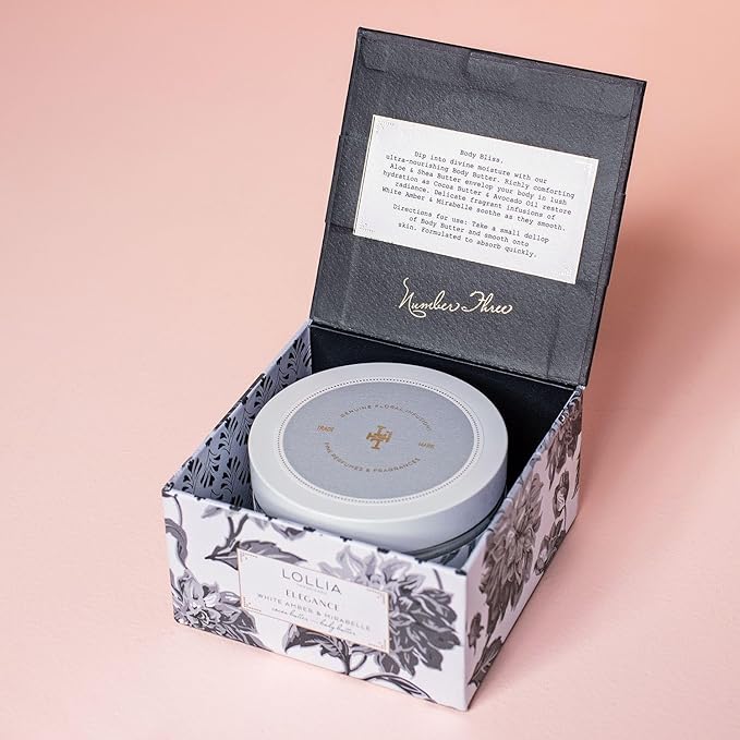 LOLLIA Elegance Body Butter, 5.5 oz. – White Amber & Mirabelle - Shea Butter & Cocoa Butter, Body Lotion for Women, Hydrating & Smooth Body Moisturizer