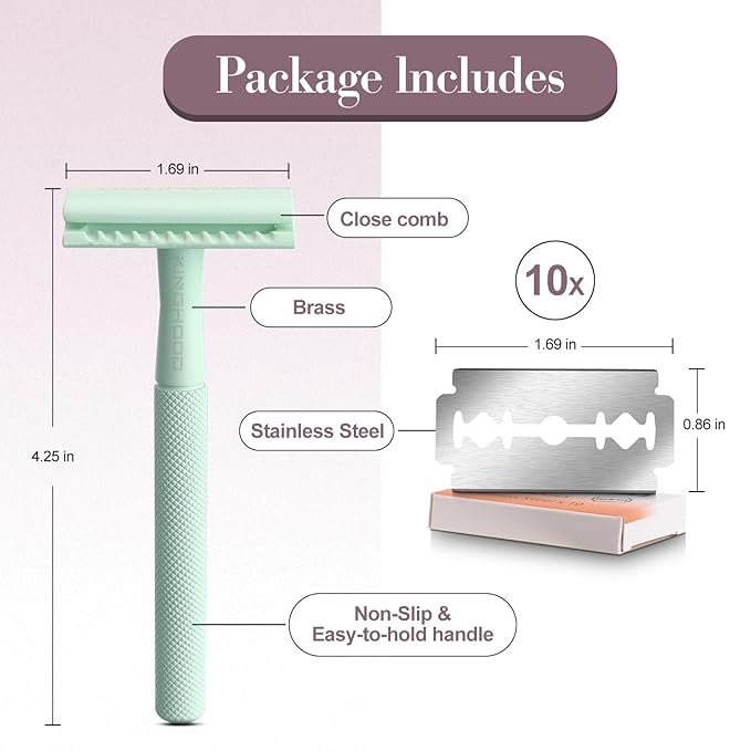 KINGHOOD Safety Razor for Women with 10 Double Edge Razor Blades, Single Blade Razors for Women and Men, Resuable razor, Plastic Free - Green