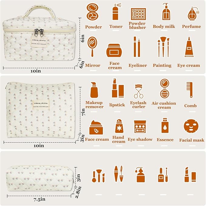 Quilted Makeup Bag, Large Floral Cosmetic Bag for Women, Cute Cotton Makeup Bag, Flower Travel Toiletry Organizer Bag (Flower)
