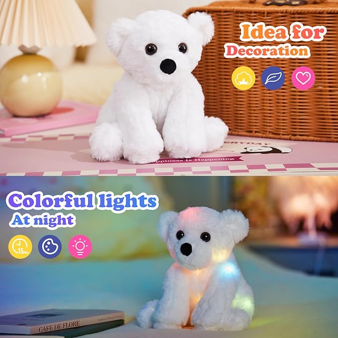 BSTAOFY Glow Polar Bear Light up Stuffed Animal LED Night Light Bear Soft Plush Toy Adorable Birthday Mother's Children's Day Valentines for Toddler Kids, White, 9.5''