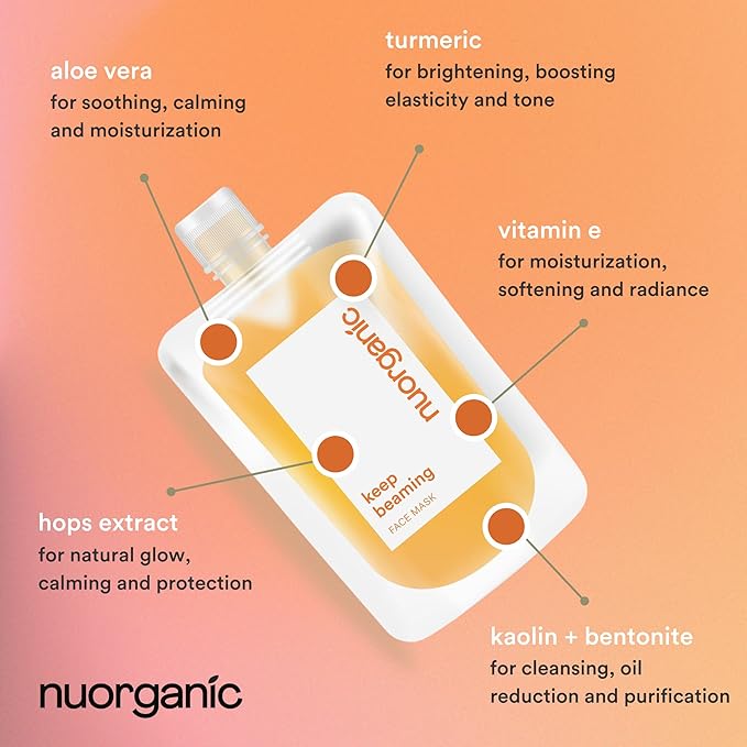 nuorganic Turmeric Face Mask - Soothing, Acne Clearing, Pore Refining, Exfoliating - New Airtight Squeezy Tube, Stays Fresh for 12 Months - Clean & Natural