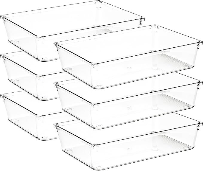 6 Pack Drawer Organizer - 6" X 9" Clear Acrylic Storage Bins with Non-Slip Pads, Versatile Desk Tray for Makeup, Jewelry, Kitchen, Bathroom, and Office Organization