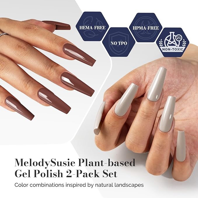 MelodySusie Fleurwee Plant Based Gel Nail Polish, 2 Pcs Hema Free Gel Polish Nude Brown and Cappuccino Brown Nail Polish 21 Non Toxic Long Lasting Nail Art Salon DIY Manicure at Home Gift for Women