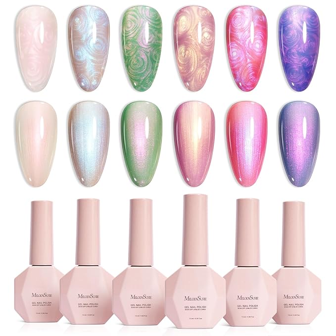 MelodySusie Pearl Gel Nail Polish Set, 6 Colors Aurora Shimmer White Green Pink Purple Blue Iridescent Mermaid Drawing Glitter Gel Polish Soak Off Swirl Shell Thread Effect Nail Art Gifts for Women