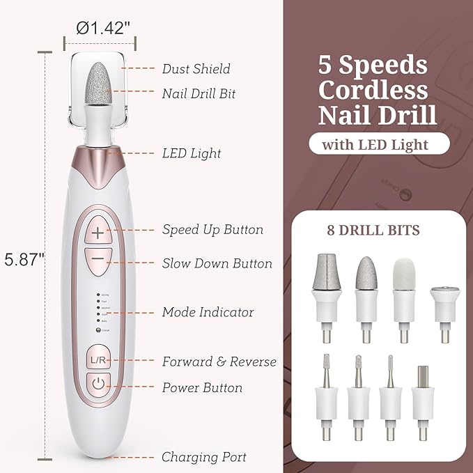 PELCAS Electric Nail File, 5 Speeds Nail Grinder for Thick Toenails, Cordless Nail Drill, Manicure and Pedicure Kit with LED Light, Toenail Grinder for Human, Thick Toenails, Natural & Acrylic Nails