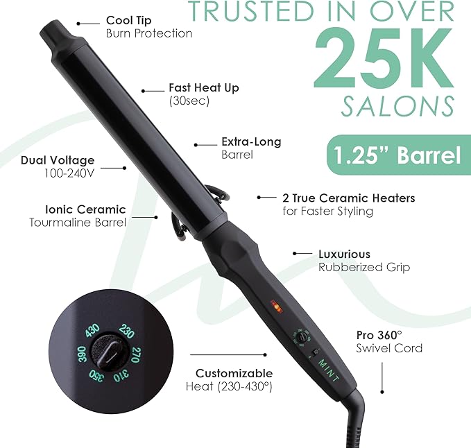 MINT Professional Clamp-Free Curling Wand 1 1/4 Inch for Long Hair | Extra Long Curl Wand with 4-Heater Ionic Ceramic Barrel | Best Curling Wands | Adjustable 230-430°F | Worldwide Dual Voltage