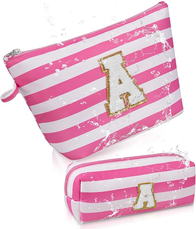 Initial Makeup Bag Personalized Stripe Cosmetic Bag Cute Waterproof Travel Toiletry Bag Birthday Gifts for 10 11 12 13 14 15 16 Years Old Teen Girl Gift Trendy Stuff (Pink A)