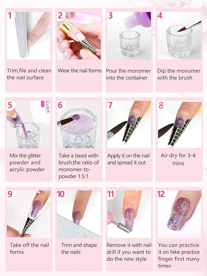 42 Colors Acrylic Nails Kits with Drill and UV Light- Acrylic Nail Powder Glitter and Monomer Liquid Kit with Nail Storage Bag, 5PCS Practice Finger