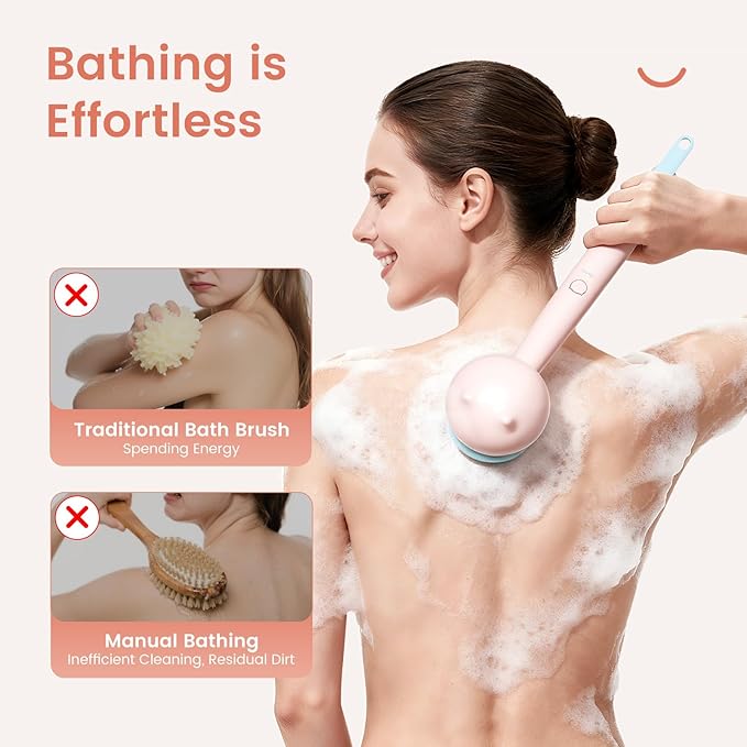 Electric Back Scrubber for Shower Body Brush, Waterproof Shower Body Scrubber for Cleansing, Massaging, Rechargeable Bath Brush for Kids & Adults with 2 Heads & 3 Speed Modes, Berry Pink XY0