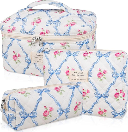 Makeup Bag Set, Quilted Makeup Bag, Large Floral Cosmetic Bag for Women, Cute Cotton Makeup Bags, Flower Travel Toiletry Organizer Bag (Blue Flower)
