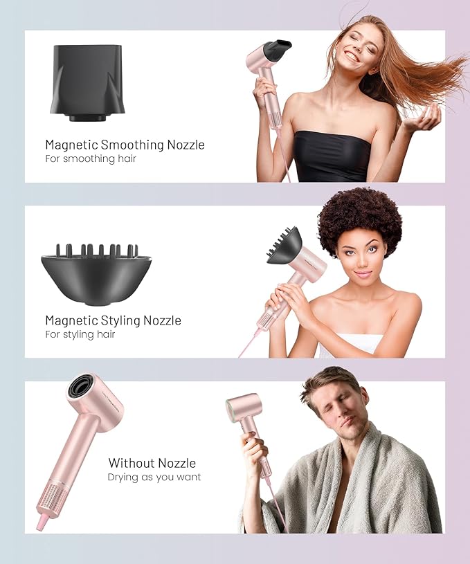 Hair Dryer - 150000 RPM High-Speed Brushless Motor Negative Ionic Blow Dryer for Fast Drying, Low Noise Thermo-Control Hair Dryer with Diffuser and Nozzle, Gleaming Pink