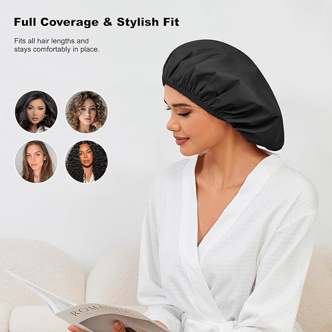 2 Pack Shower Caps for Women, Reusable Waterproof Shower Cap with Elastic Band, Thickened Waterproof Fabric Shower Bonnet for Braids, Long Hair (Black and Blue)