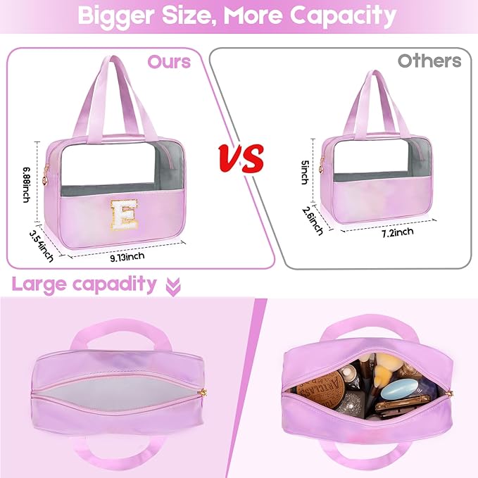 Personalized Initial L Clear Purple Makeup Bag - Large Travel Toiletry Bag, Cute Cosmetic Organizer Set for Girlfriend, Teacher, Teen Girl Gifts