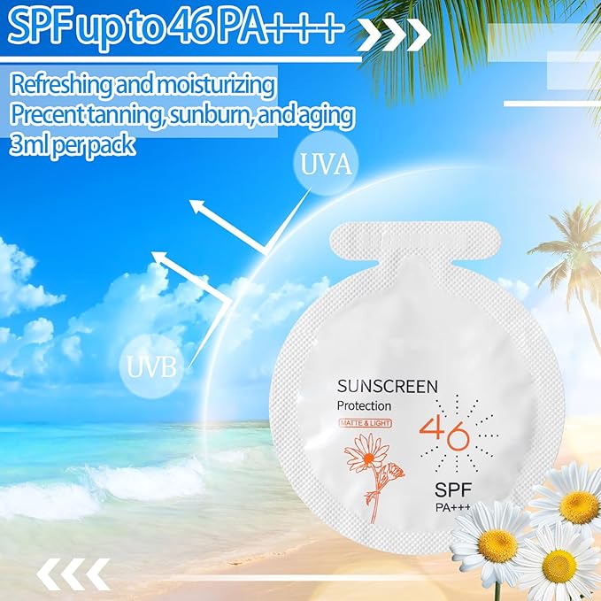 50 Pcs Sunscreen Bulk Mini Travel Size Sunscreen Packets SPF 46+ Summer Party Gifts for Women Girl