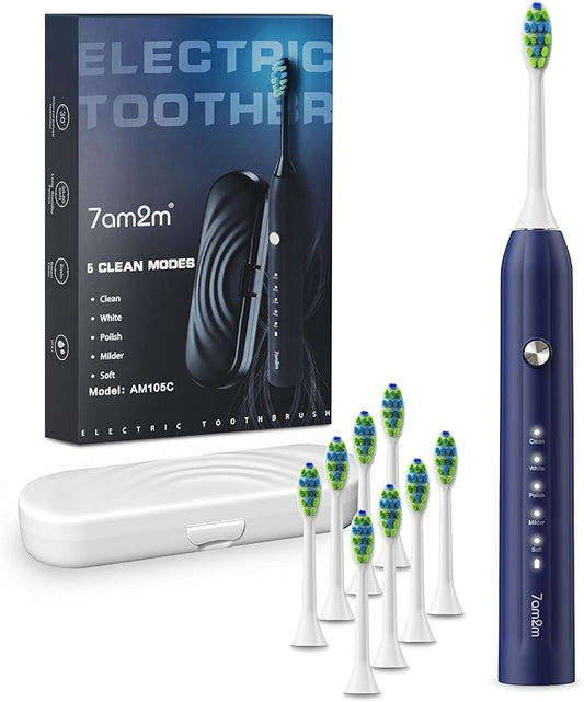 7AM2M Sonic Electric Toothbrush for Adults and Kids, with 8 Brush Heads and Travel Case,5 Modes with 2 Minutes Built in Smart Timer, One Charge Use for 90 Days, Rechargeable Toothbrushes(Navy Blue)
