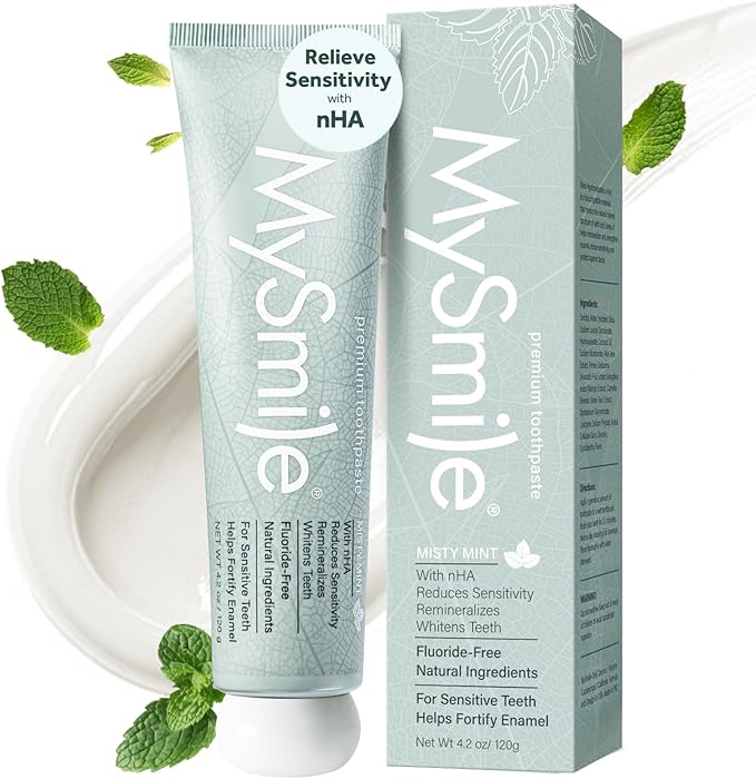 MySmile Fluoride Free Toothpaste, Nano Hydroxyapatite for Sensitive Teeth, Strengthens Enamel, Supports Remineralization & Bright Teeth, Freshens Breath for Adults, SLS Free, Natural Misty Mint, 4.2oz