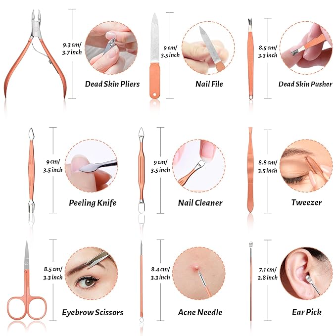 Manicure Set Nail Clipper Set Men Women 12 in 1 Nail Care Kit with Portable Case Travel Manicure Pedicure Tools Grooming Kit Beauty Salon(Rose Gold)
