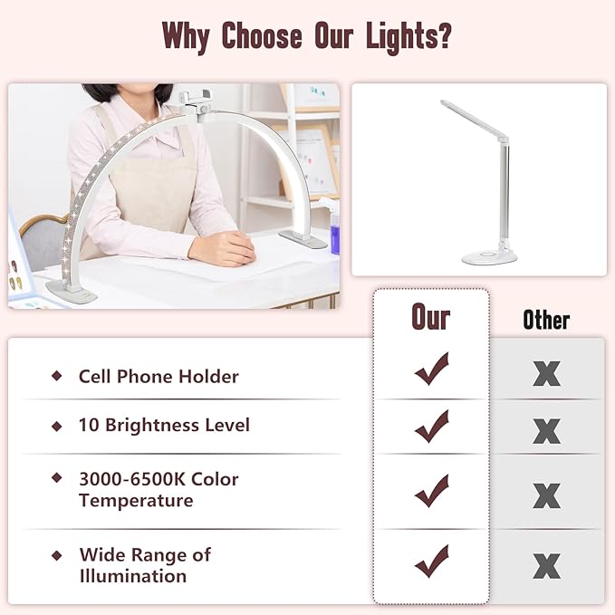 Half Moon Light for Nail Desk with Phone Holder, 29IN Folding Half-Moon Light with Shinning Diamond, LED Lamp for Nail Art, Eyelash Extension, Tattooing, Skin Management, Color Temperature 3000-6500K