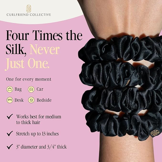 Curlfriend Collective Onyx Midi Curly Hair Silk Scrunchies for Women, Black | 22 Momme Mulberry Silk Hair Ties for Curly, Coily, and Wavy Hair - Black, Pack of 4
