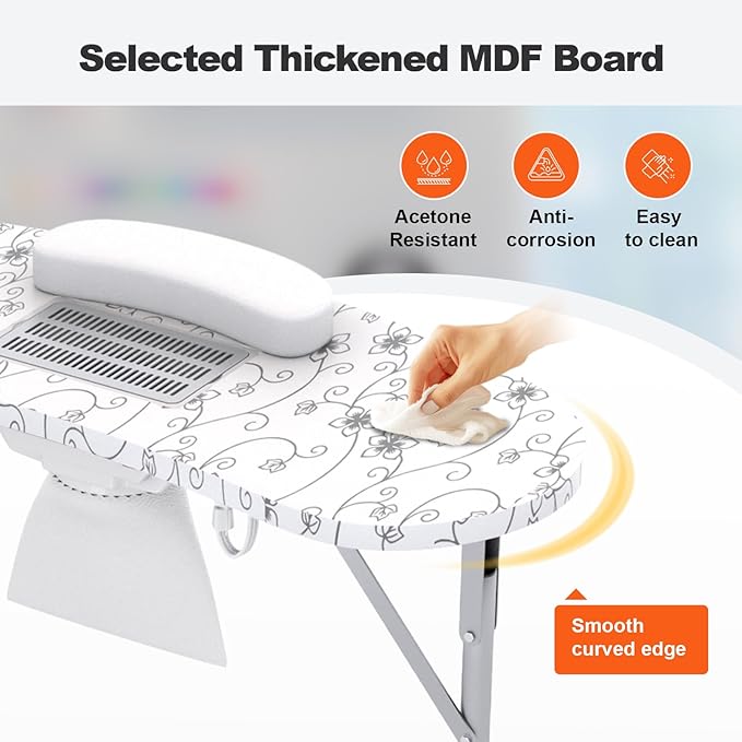 Portable Nail Table for Nail Tech on Wheels, Foldable Professional Manicure Table Travel Nail Desk with LED Lamp/Dust Collector/3 Dust Bags/Wrist Cushion/Storage Bag, White