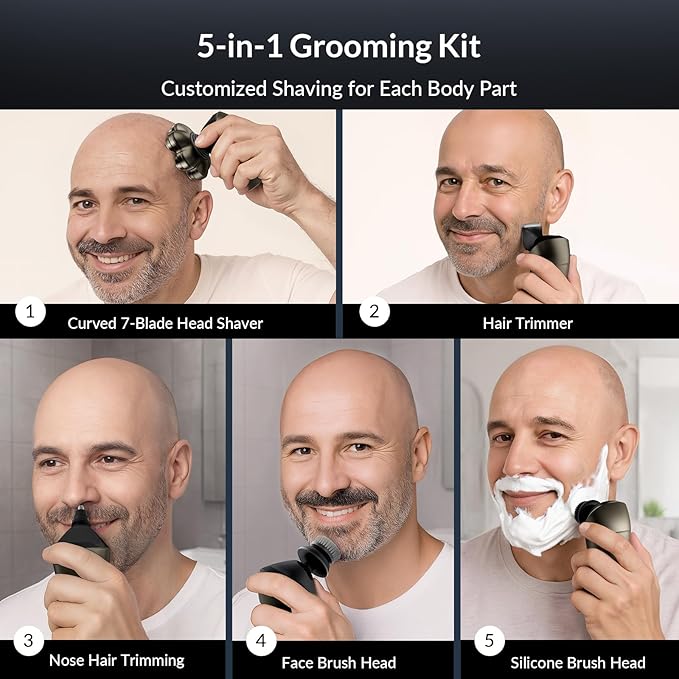 Head Shavers for Bald Men - 7D Arc Electric Razor with Magnetic Detachable Head, Waterproof Wet Dry 5-in-1 Electric Shaving & Grooming Kit, LED Display Rechargeable Head & Body Hair Shaver, Grey
