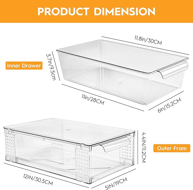 6 Pack Clear Stackable Storage Drawers, 3.95" H Easily Assemble Acrylic Organizer Bins - Multi-Use for Make up, Closet, Pantry, Bathroom, Medicine, Kitchen Cabinet & Undersink Organization
