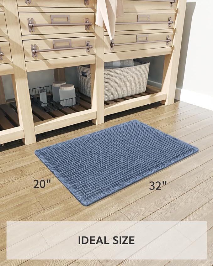 tchdio Waffle Bath Mat, Super Absorbent Non Slip Bath Mats for Bathroom Mat Ultra Soft Bathmat Machine Washable Bathroom Rugs with Tassels, Blue, 20" x 32"