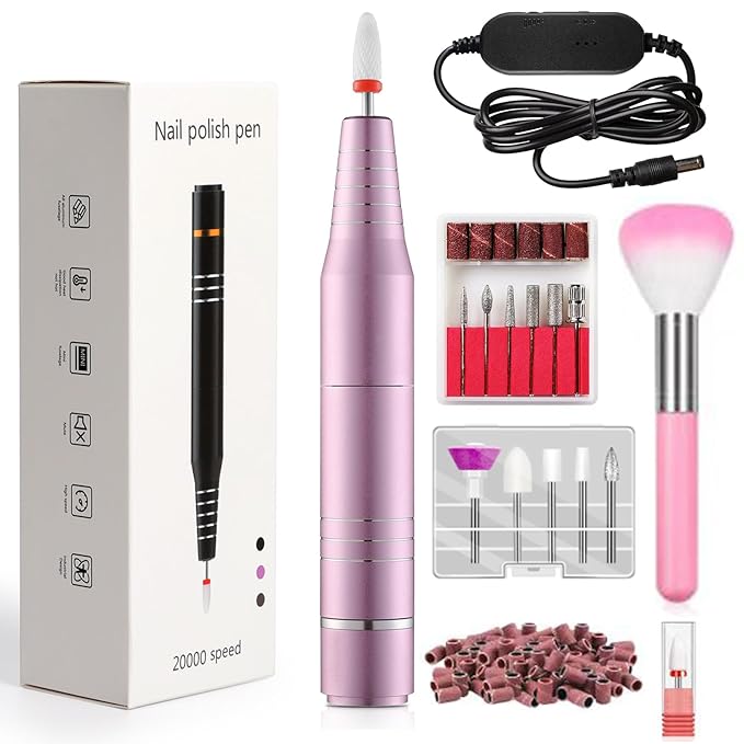 Electric Nail Drill, Ultra-Quiet Low Vibration Electric Nail File, Portable Electric Nail File for Crystal Gel Nails, Manicure and Pedicure Tools Polishing Set for Home and Salon Use (Pink Set)