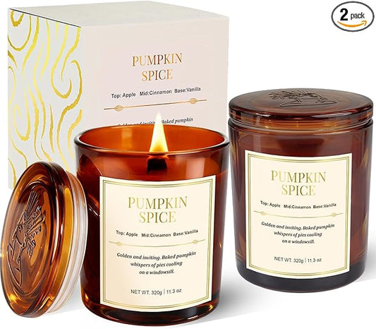 Fall Candle Gift Set –2 Pack Wood Wick Pumpkin Spice Scented Candles,22.6 oz Natural Soy Wax Candles with Gift Box,Long Lasting Autumn Candles for Home Decor,Thanksgiving & Halloween Gifts for Women