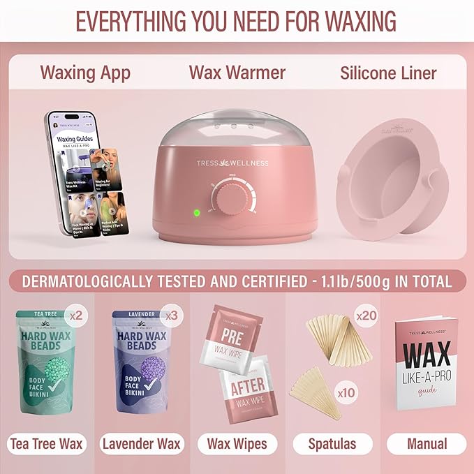 Tress Wellness Waxing Kit for Sensitive Skin – Safe for Face & Skin, Prep & Aftercare Wipes, Easy to Use – At-Home Kit for Face, Bikini, Brazilian & Full Body - Pink, No Display