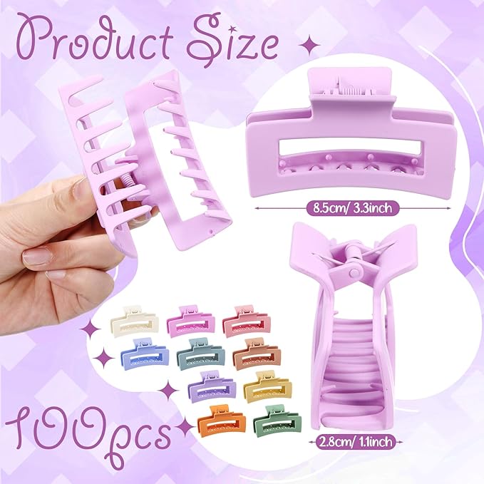 XunYee 100 Pcs Hair Claw Clips Bulk Large Square Jaw Headwear Clips Set for Women Nonslip Rectangle Hair Accessories Clip for Girl Women Gifts Beauty(3.4'',Frosted Color)