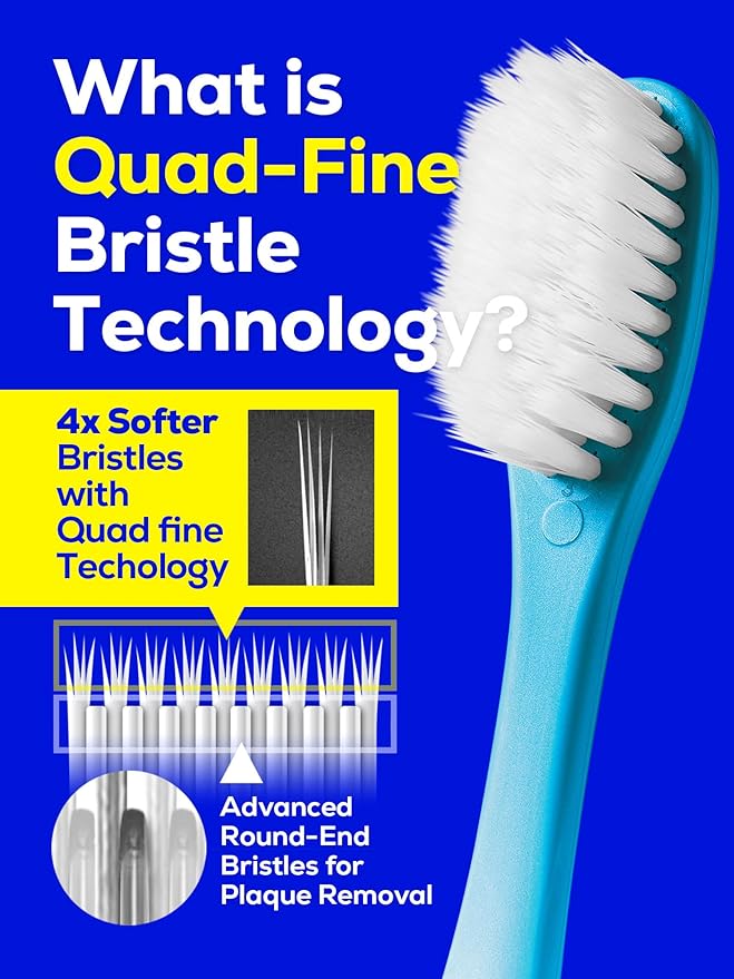 Soft Toothbrush Pack, 10 Count, Advanced Quad-fine Bristles Technology, Tapered Bristles for Sensitive Teeth, Gums & Deep Plaque Removal, Self Flossing Manual Toothbrushes, Assorted Colors