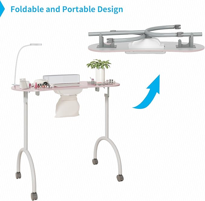 TABU Portable Manicure Nail Table, Foldable Manicure Table with Dust Collector Fan, LED Lamp, 4 Lockable Wheels and Carry Bag, Professional Nail Desk with Wrist Cushion (Pink)