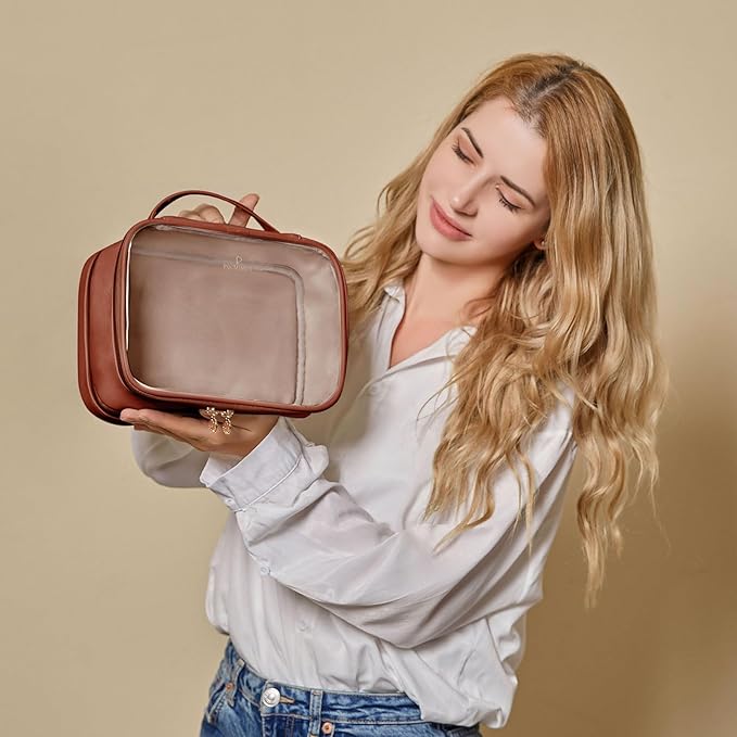 Pocmimut Makeup Case,Double Layer Large Cosmetic Bag with Makeup Brush Bag,TSA Approved Toiletry Bag Skincare Bag Car Accessories Travel Essentials Organizers for Women,Brown