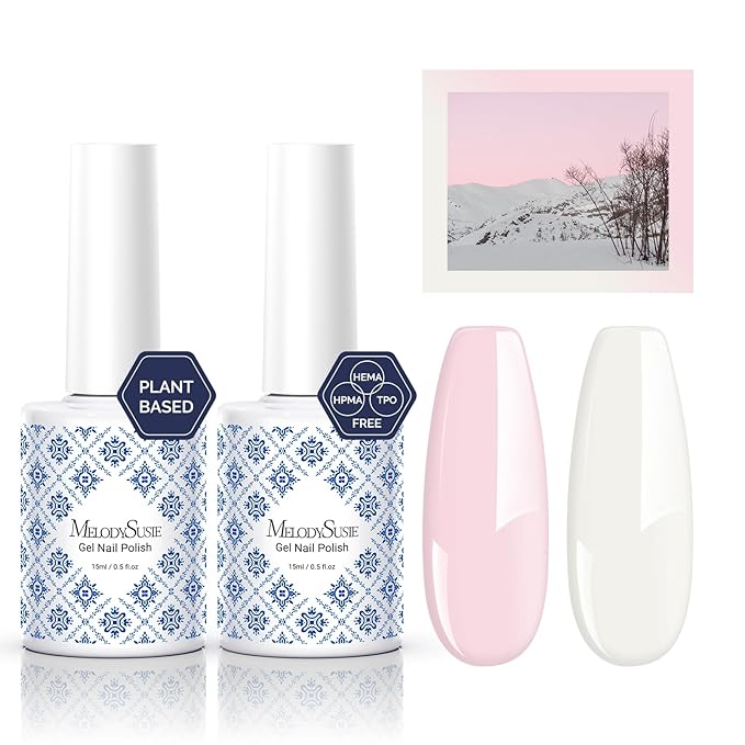 MelodySusie Fleurwee Plant Based Gel Nail Polish, 2 Pcs Hema Free Gel Polish, Light Pink and White Nail Polish 21 Non Toxic Long Lasting Nail Art Salon DIY Manicure at Home Gift for Women
