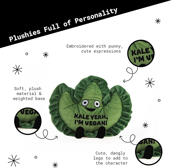 Punchkins Kale Plushie - Kale Yeah, I'm Vegan Funny Kale Plush, for Vegans, Cute Food Plushie for Gifting