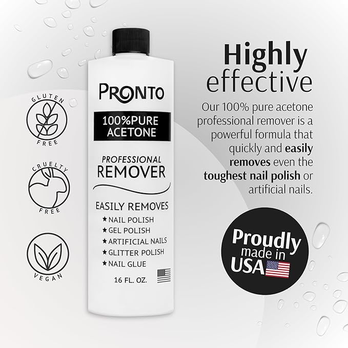 Pronto 100% Acetone Nail Polish Remover - Gel Polish Remover for Nails | Acetone Nail Polish Remover & Remover For Nails, Glue, Gel, Acrylic & Dip | 100 Percent Pure Acetone, 16 Fl oz (Pack of 1)