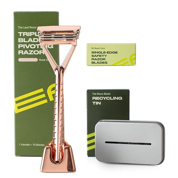 Leaf Shave | Leaf Razor Set, All-Metal Safety Razor with Pivoting Head & Adjustable Blade Loading, Includes Matching Stand, 50 Single-Edge Refills, and Recycling Bank for Used Blades - Rose Gold
