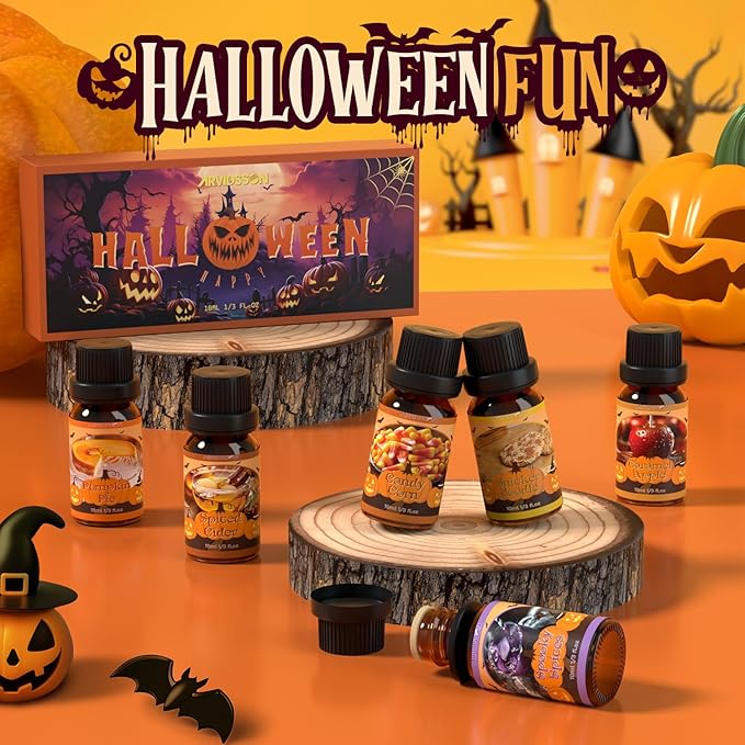 ARVIDSSON Halloween Fragrance Oils Set, Fall Essential Oils for Diffuser - Pumpkin Pie, Spiced Cider, Caramel Apple, Candy Corn, Snickerdoodle, Spooky Spices, Autumn Scented Oil Gift for Women