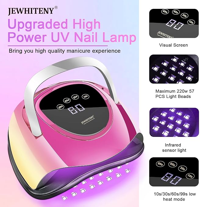 JEWHITENY 57 Pcs LED Beads U V Nail Lamp : 220 W Professional Nail Dryer with 4 Timers & Automatic Sensor Fast Curing U V Light for Gel Nails Professional Manicure Tool
