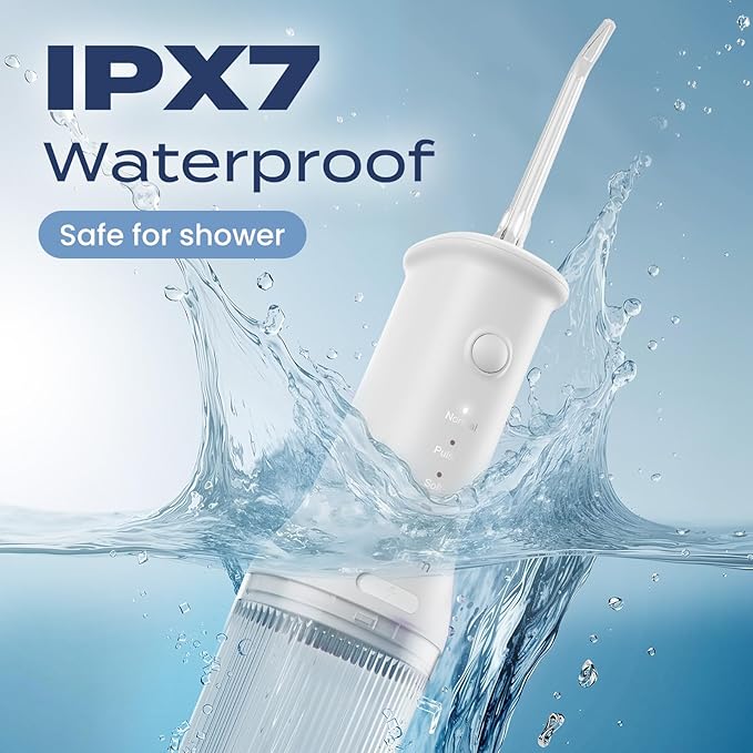 7AM2M Portable Water Flosser Cordless, Water Flosser with 3 Modes and 2 Jet Tips, USB C Rechargeable, IPX7 Waterproof, Dental Water Flosser for Travel and Home Use (White)