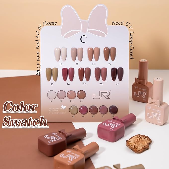 JR 9 Colors 0.5oz Brown Gel Nail Polish Set Bow Bottle Design Nude Gel Polish Kit UV LED Soak Off Polish Home DIY Gift Fall Gel Polish Series