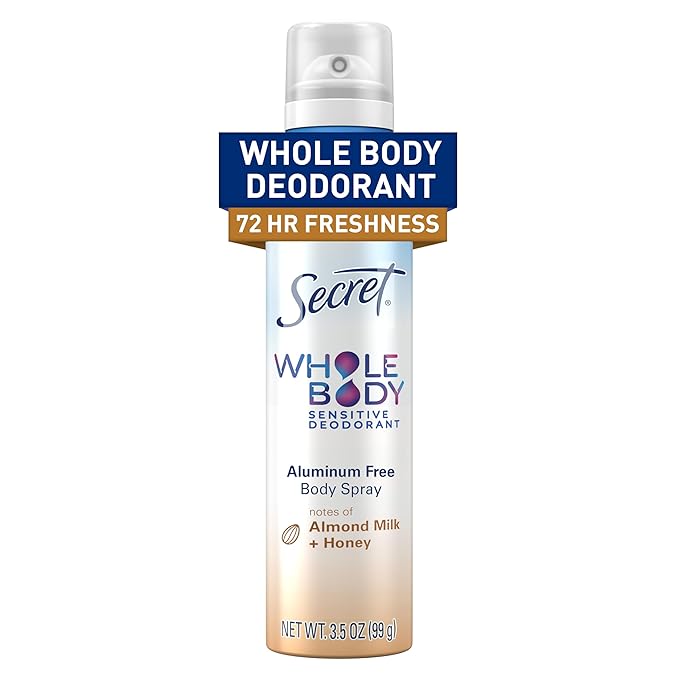 Secret Whole Body Deodorant Spray for Women, Almond Milk & Honey Scent, Aluminum Free Deodorant, 72 HR Odor Protection, 3.5oz