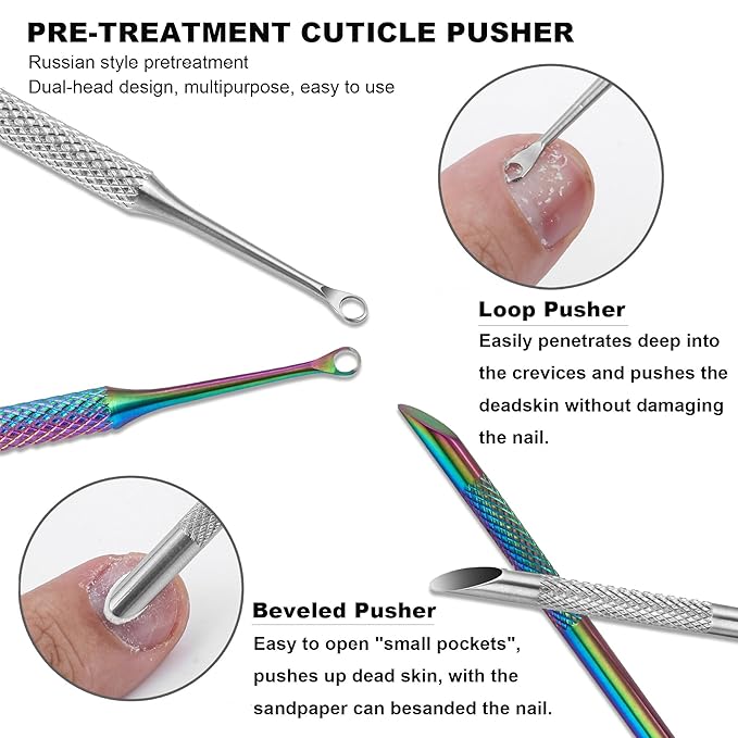 Pre-treatment Cuticle Pusher, Russian Prep Nail Pushers, Dual Ended Cuticle Remover with 100/180 Grit Sandpaper Sheets, Nail Care for Manicure Pedicure Nail Art