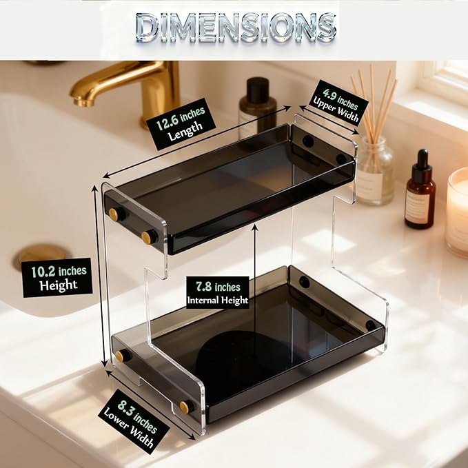 NEWRAIN 2-Tier Bathroom Organizer Countertop for Cosmetics, Makeup, Vanity Holder for Lipstick, Black Cabinet Storage