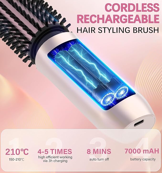 Cordless Curling Iron Rechargeable, Portable Travel Curling Iron Brush, 3-in-1 Hair Straightener Brush, Heated Round Curling Wand, 4 Temperature 7000mah Hair Curler Tool for Women - Rose Gold